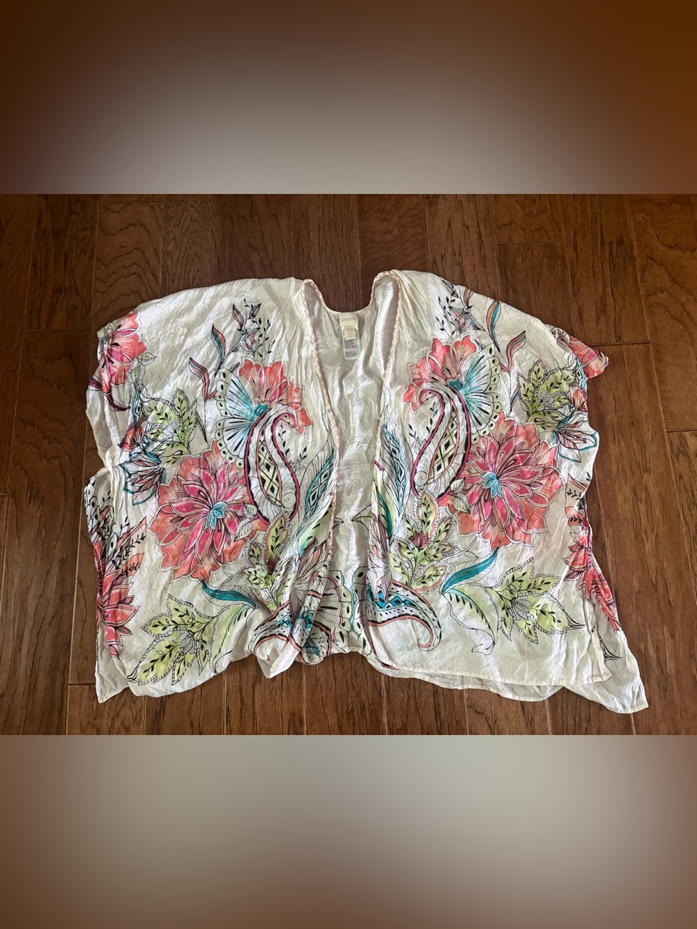 Chico's Silk Modal Kimono Wrap Open Front  Floral Swim Cover Womens